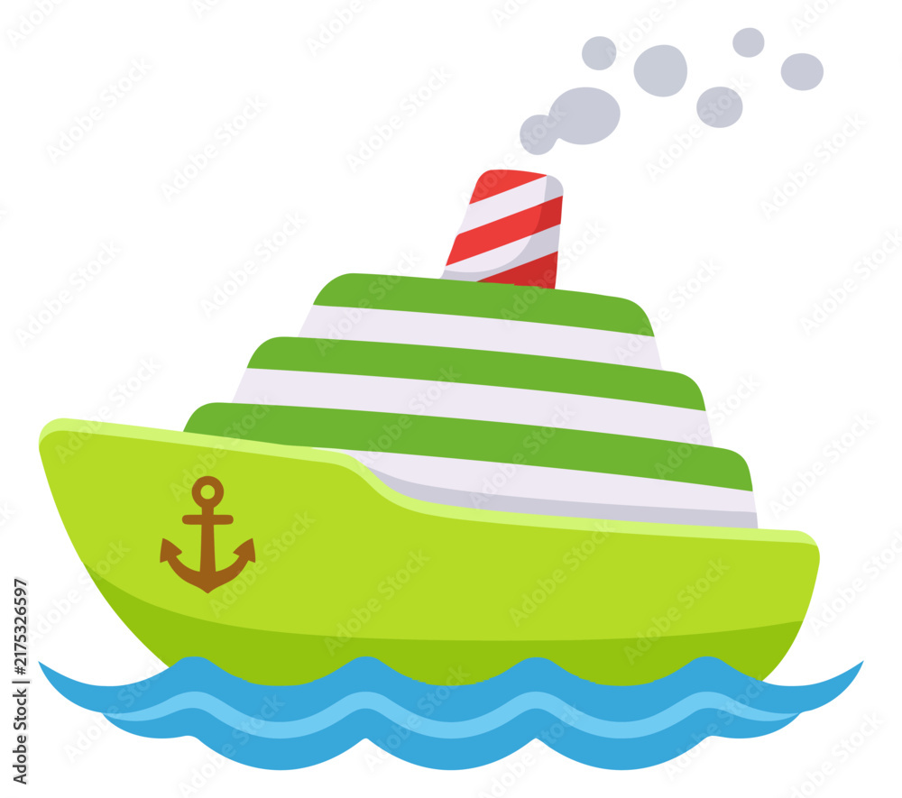 Fototapeta premium Cartoon cruise ship sailing on blue waves with a striped smokestack and anchor icon