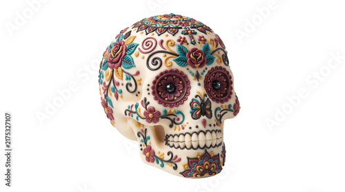 Decorative sugar skull for Halloween and Día de los Muertos campaigns, event design, seasonal packaging, cultural advertising and festive displays. Isolated on White background.