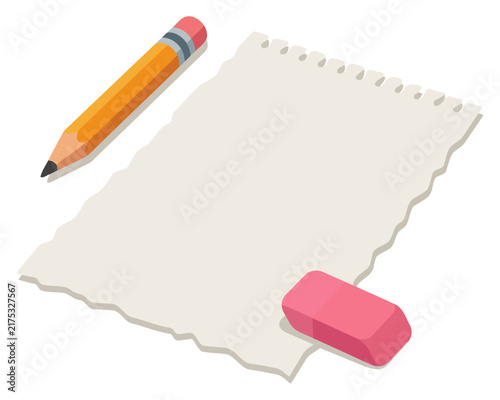 Blank piece of paper with a yellow pencil and a pink eraser