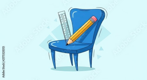 Blue chair with pencil and ruler