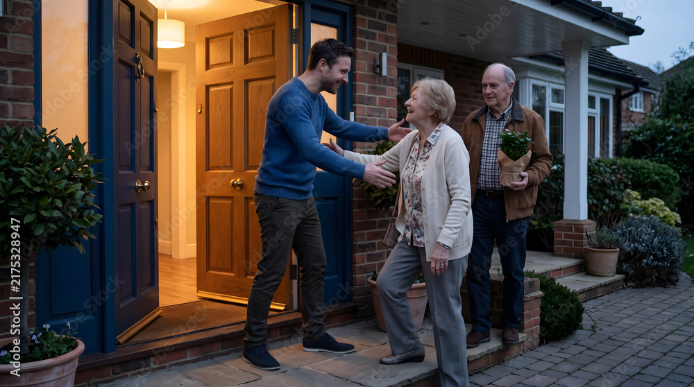Fototapeta premium Man welcoming elderly couple with warm hug at front door