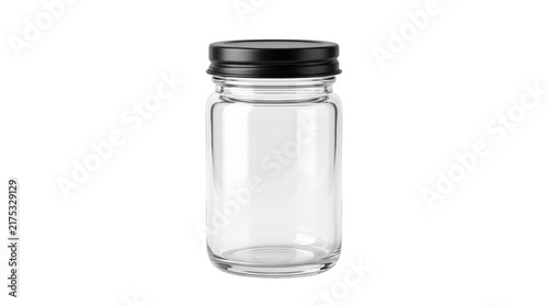 Clear glass jar with a black metal lid isolated on a clean bright white background
