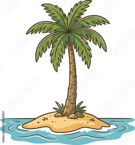 Vector illustration of a single coconut palm tree on a small sandy desert island surrounded by blue ocean water ripples, isolated on a white background for easy graphic design.