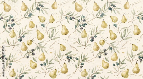Watercolor seamless pattern with pears and olive branches on a textured beige background