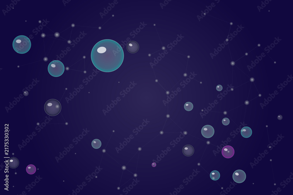 Fototapeta premium Abstract network connection with colorful floating bubbles on dark background