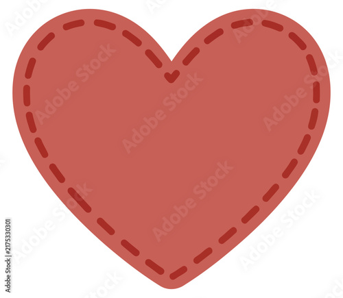 Red heart shape with stitched border, flat vector illustration