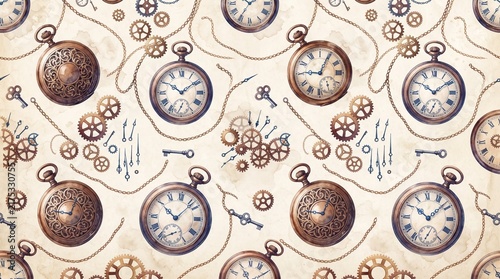Vintage seamless pattern with antique pocket watches, clockwork gears, and old keys on a textured aged paper background
