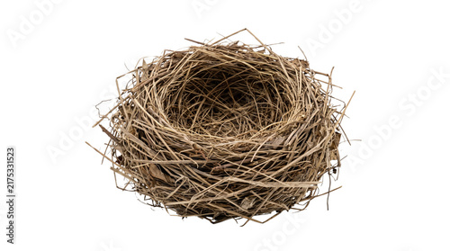 Empty bird nest constructed from dried brown twigs and grass isolated on a white background