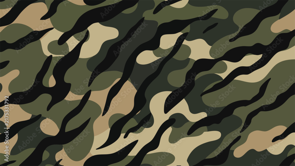 Naklejka premium Jungle Camo Pattern with Flowing Organic Stripes in Natural Earth Tones — Editable Vector