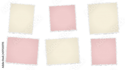 Set of six rectangular paper frames with torn edges in pastel cream and pink colors arranged on a solid black background, for scrapbooking