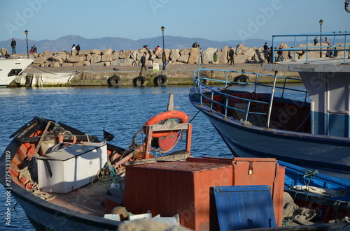 Cuadro en lienzo Traditional colorful wooden fishing boats moored in the port of Sidi Bou Said, T