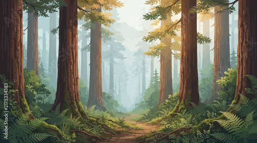 Scenic Enchanted Forest Illustration with Tall Redwood Trees, Misty Atmosphere, and Winding Dirt Path