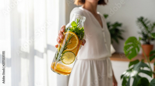 Young Woman Holding a Bottle of Refreshing Detox Water Infused with Orange, Lemon, Mint, and Rosemary at Home