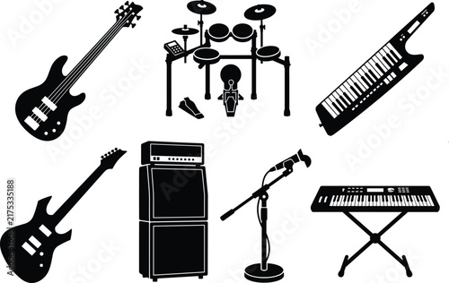 Black silhouette vector icon set of live band musical instruments including electric guitar, drum kit, keyboard, and microphone