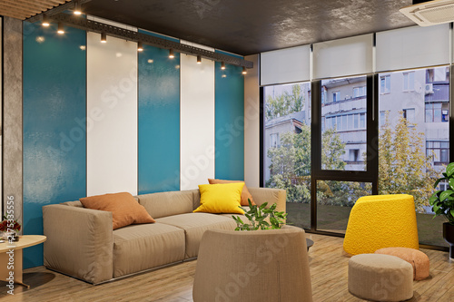 Modern Luxury Office Interior Design with Open Workspace and Geometric Accent Wall