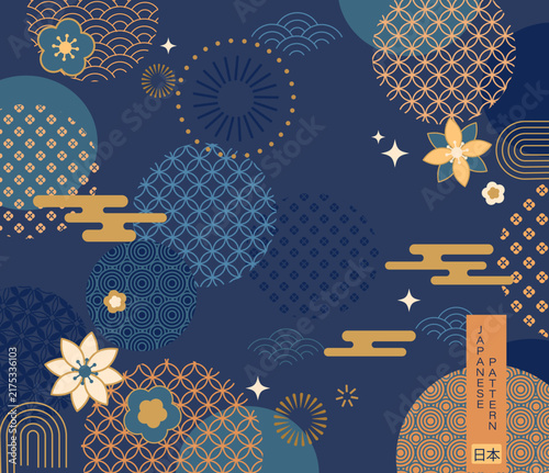 Japanese luxury golden geometric banner for holidays. Chinese traditional pattern on blue background. Oriental design for invitation or greeting cards,posters, advertise, web, sales, flyers, discounts