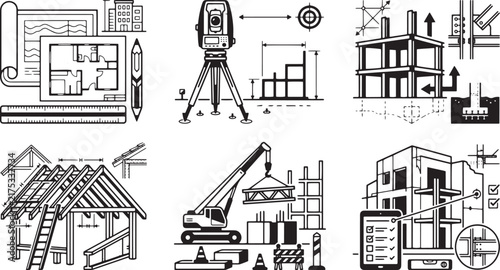 Civil Engineering Architecture Planning Construction Surveying Vector Illustration Set