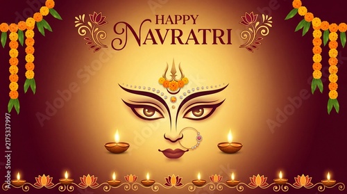 Happy navratri greeting card with goddess durga eyes, marigold flower garlands, diyas, and festive elements on gradient red background