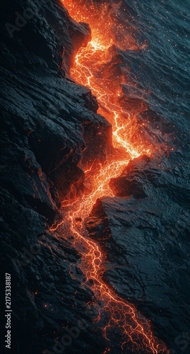 Obraz na płótnie Glowing Lava Flowing Through Dark Volcanic Rock Formation