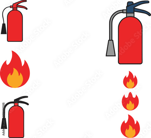 Принти на полотні Red fire extinguishers and flames are depicted in a colorful vector illustration
