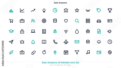 Data analytics 50 editable set featuring various business symbols in minimalist teal and black outline style