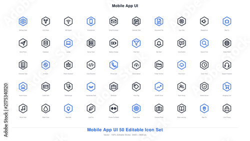 Mobile app ui, 50 editable set, with blue and black line inside hexagonal shapes for user interface development tasks