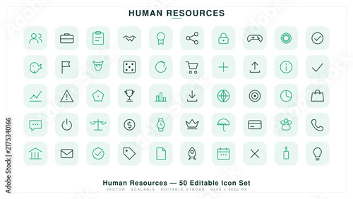 Human resources 50 editable set featuring green rounded square buttons for business management and corporate applications