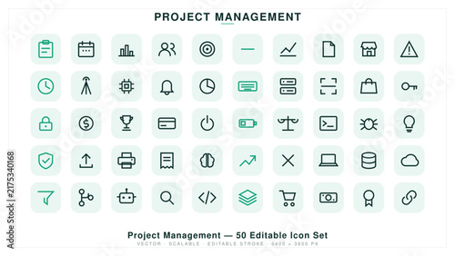Project management, 50 editable set, with light green square backgrounds and black line for business planning tools