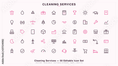 Cleaning services 50 editable set, featuring pink and black line on a light pink background, for domestic and cleaning