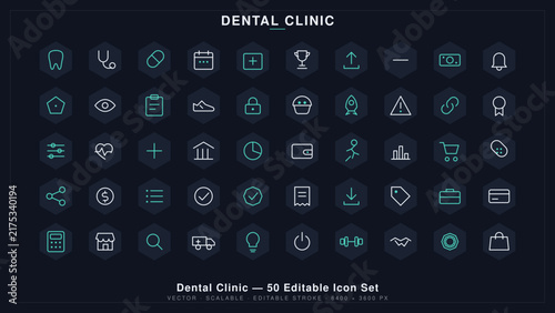 Dental clinic 50 editable set featuring various medical symbols in hexagonal frames with teal and white outline style