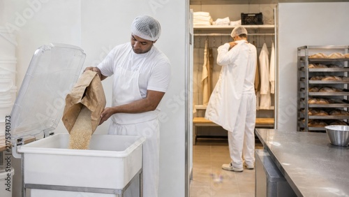 Bakery production team moves sesame ingredients into a dedicated covered bin and changes aprons before starting a separate bread line