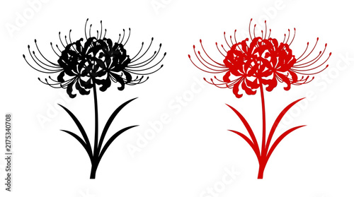 Red spider lily silhouettes showcase contrasting floral designs on a white background silhouette