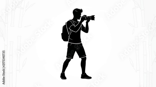 Photographer with camera and backpack black silhouette