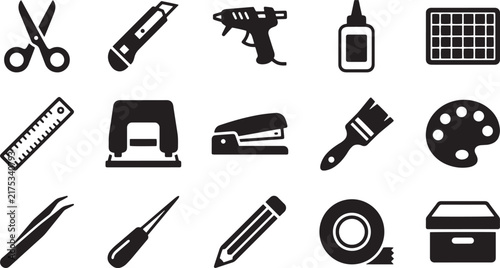 Art Craft Tools Office Stationery Supplies Vector Icon Set