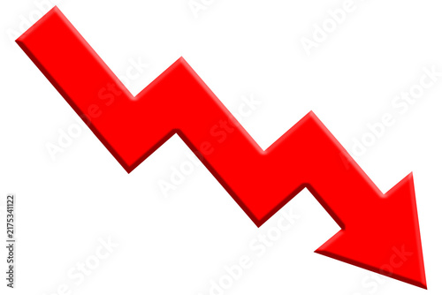 Canvastavla Red 3D Arrow Downward Trend Decline Loss Graph Icon Vector Isolated