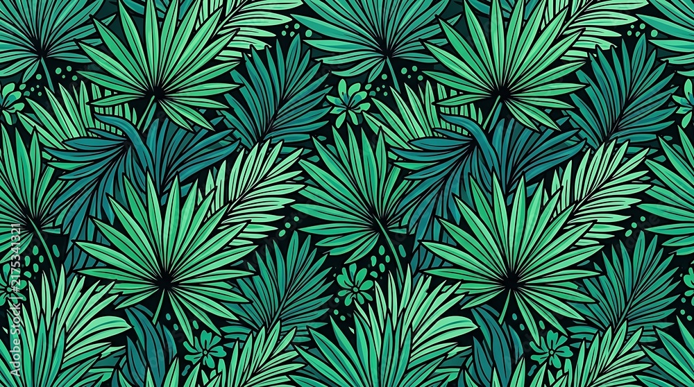 Seamless pattern with dark green tropical palm leaves in a dense jungle forest style
