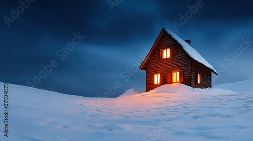 A cozy wooden cabin with glowing windows sits alone on a snowy hill under a cloudy twilight sky.