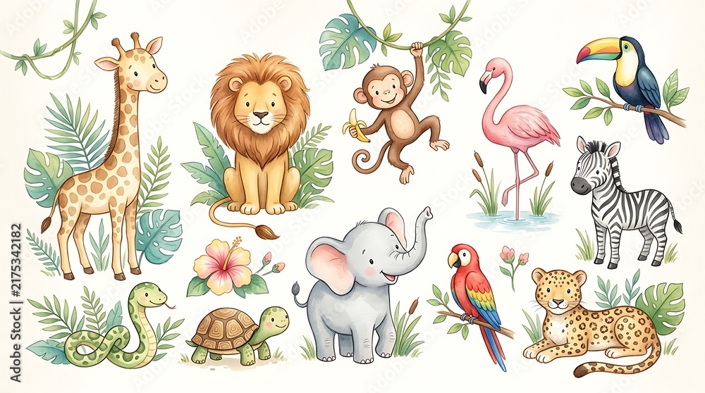 Fototapeta premium Cute cartoon jungle animals set with giraffe lion monkey elephant and tropical birds for kids nursery room design