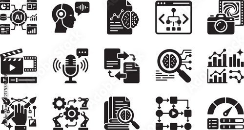 Artificial Intelligence Technology Data Analytics Machine Learning Vector Icon Set
