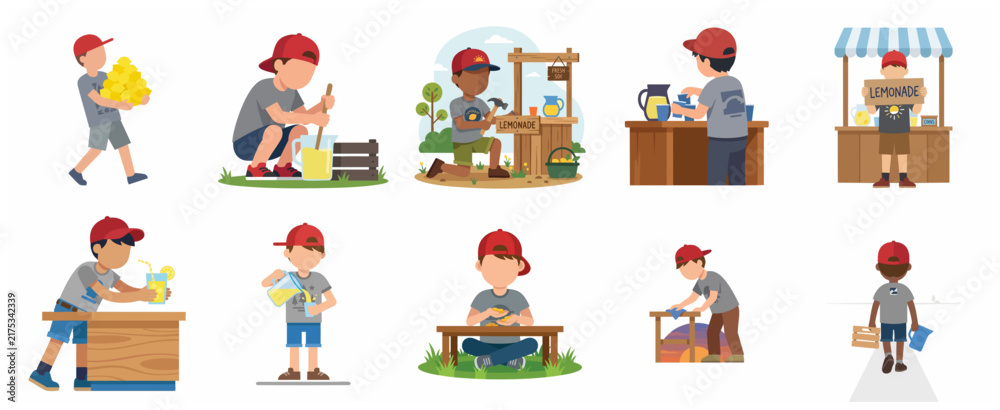 Fototapeta premium Collection of Illustrations Showing a Young Boy Starting and Running a Successful Lemonade Stand Business