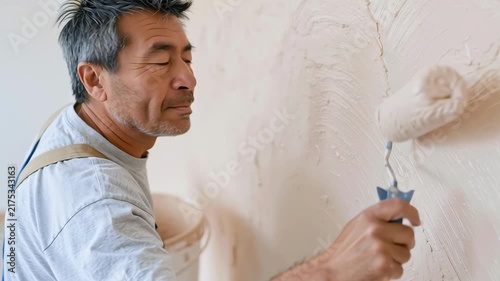 Man paints wall with roller, focused and determined. He wears work clothes, tools nearby. Sunny room, light, fresh paint job. Perfect for home improvement or DIY projects