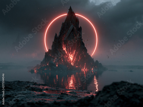 agged molten volcanic rock spire rises from calm dark water, encircled by glowing neon‑red halo ring, under stormy, fog‑filled gloomy sky.