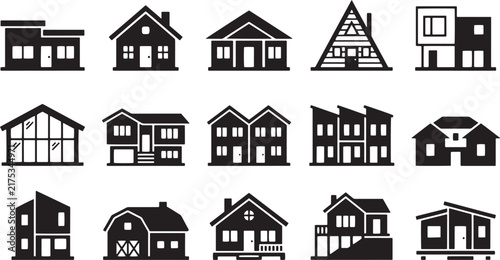 House Styles Architecture Real Estate Residential Building Types Vector Icon Set
