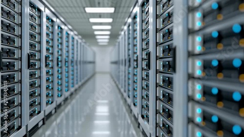 Rows of servers glow with cool blue lights. Metal racks line a clean, silent data center. The perspective draws eyes down a long, empty corridor. No people, only machines humming softly