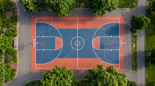 Outdoor basketball court featuring vibrant blue and red painted surfaces with white lines captured from a high aerial perspective shot