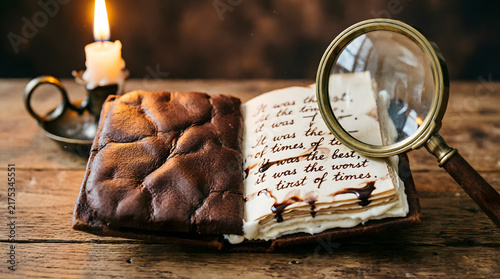 An open book with a chocolate cake cover and cream pages sits on a wooden table, illuminated by a candle with a magnifying glass resting on the pages. Perfect for a podcast cover