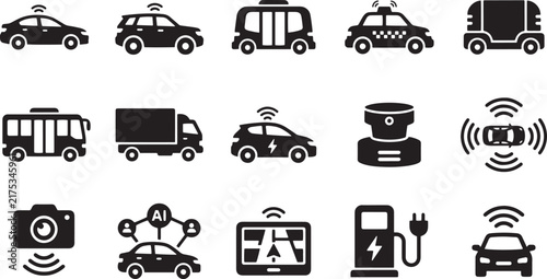 Autonomous Vehicle Smart Electric Transportation Radar AI Vector Icon Set