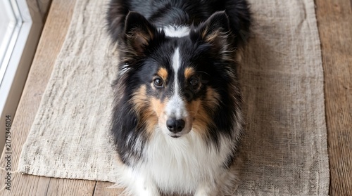 Adorable tri-color shetland sheepdog looks directly upward with soulful dark eyes, soft fur, high angle view, detailed facial features, pet