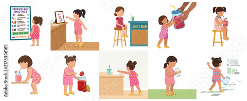 Flat Vector Illustration Set of a Cute Little Girl Ordering and Enjoying Strawberry Smoothies at a Juice Bar