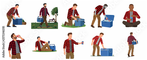 Set of flat vector illustrations of a man in a flannel shirt using a portable cooler for camping, picnicking, and outdoor activities.